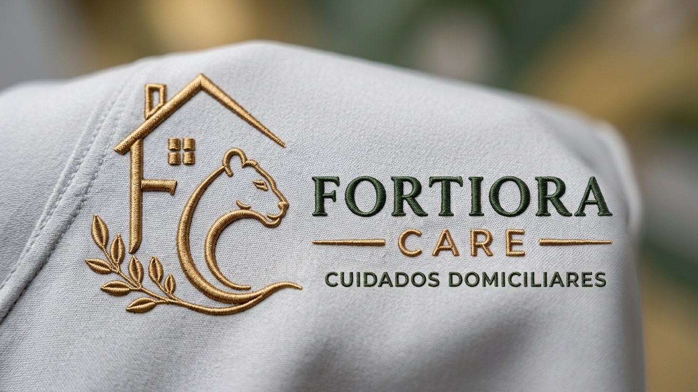 Logo da Fortiora Care bordado em fio dourado no uniforme