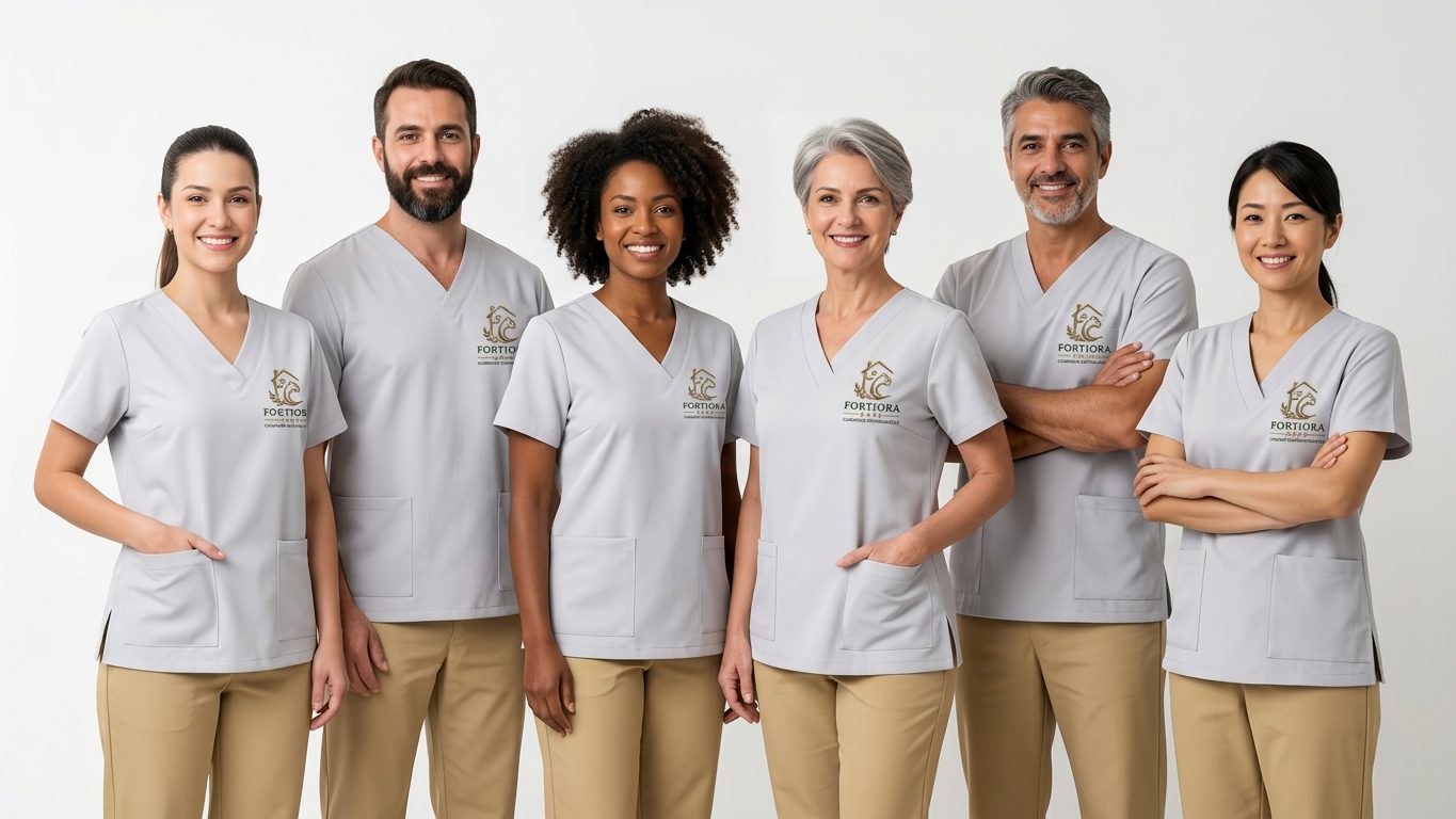 Time de cuidadores da Fortiora Care em uniforme, sorrindo